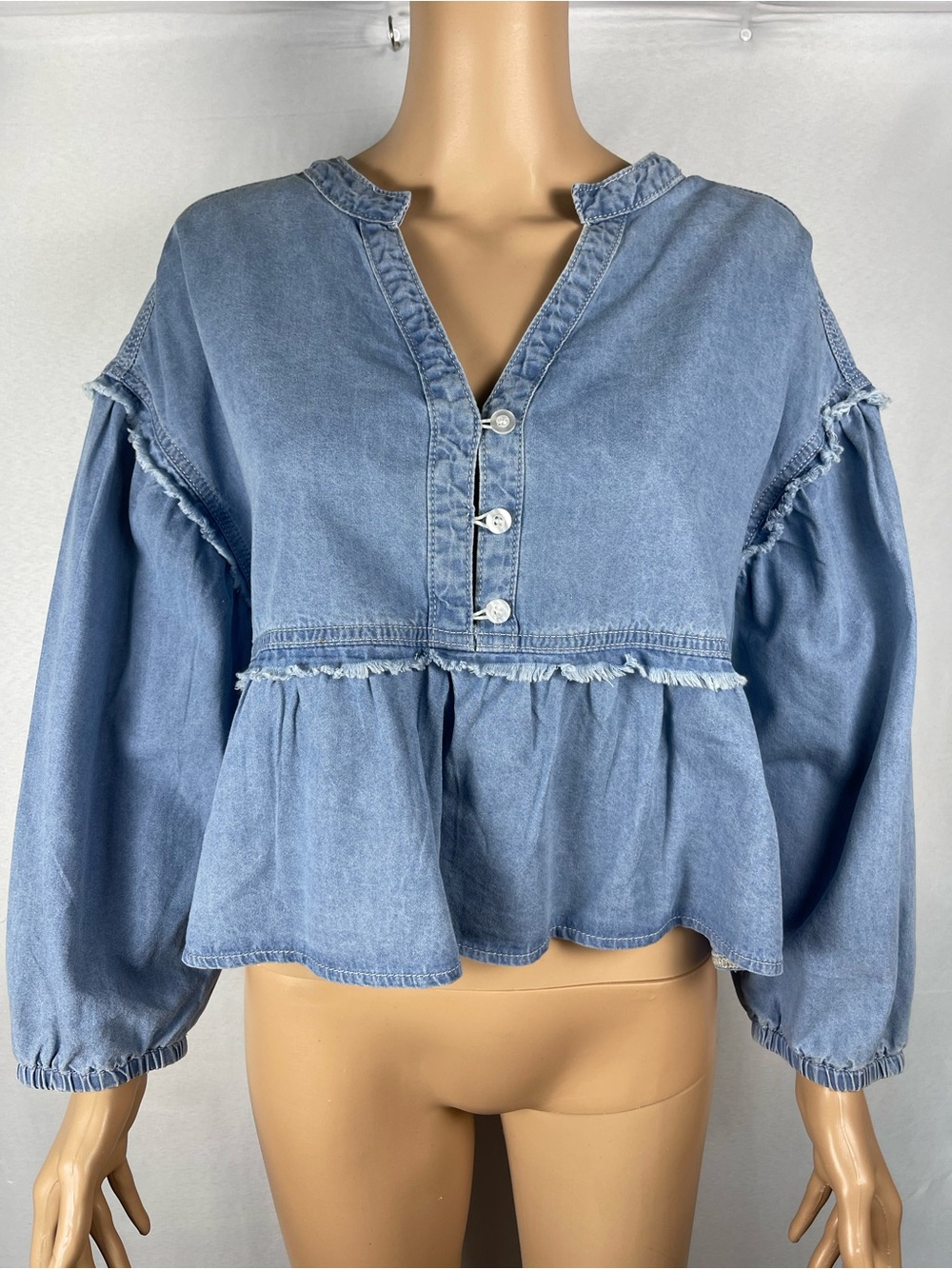 Amazon Denim Peplum Button-Front Top - Light Blue